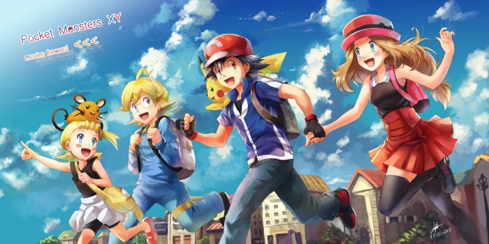 Ash, Serena, Clemont, Bonnie, and Dedenne from Pokémon XY