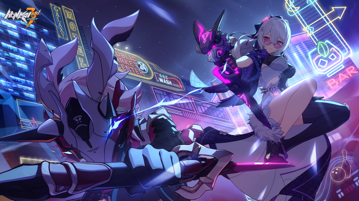 Honkai Impact 3rd characters in a neon city