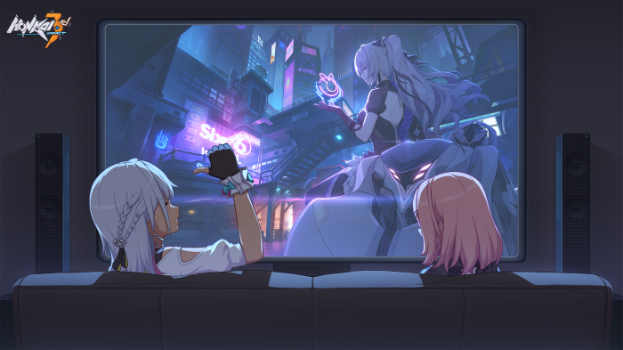 Honkai Impact 3rd characters watching a screen