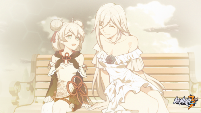 Two women sitting on a bench in Honkai Impact 3rd