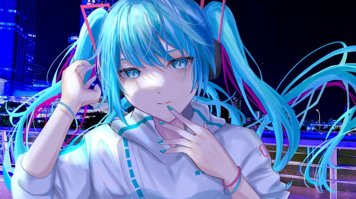 Hatsune Miku from Vocaloid in a city at night