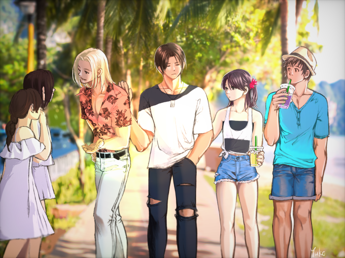 Characters from The King of Fighters on a tropical path