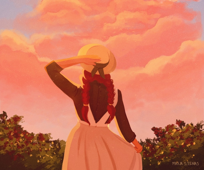 Girl with red braids and hat looking at the sky