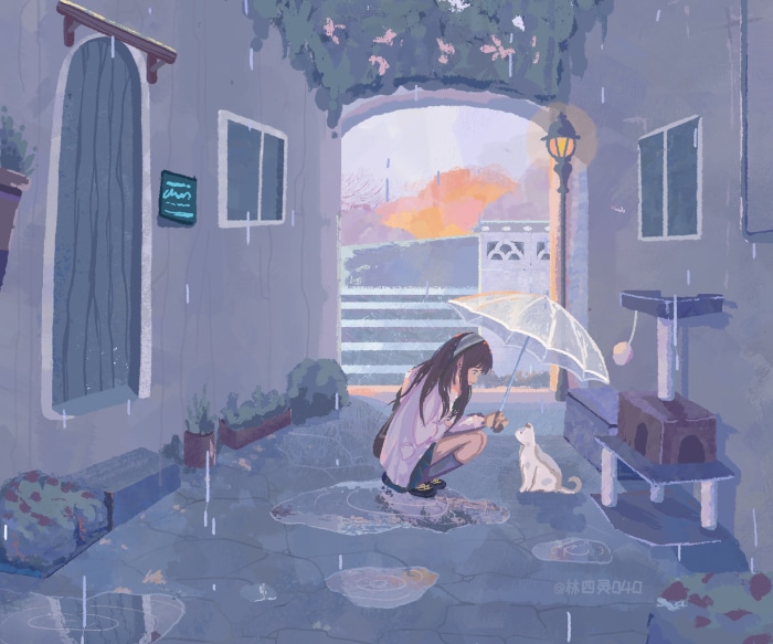 Girl with umbrella and cat in the rain