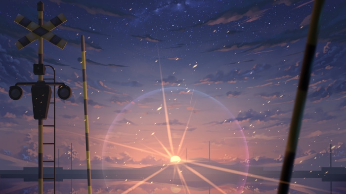 Anime railroad crossing at sunrise with starry sky
