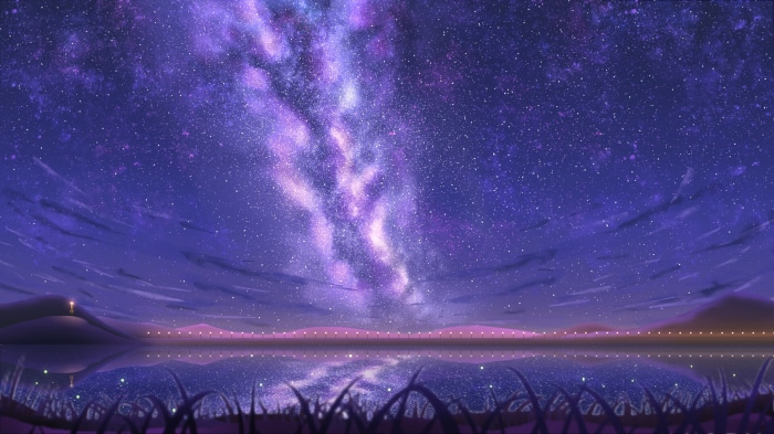 Starry night sky over a calm lake with reflections