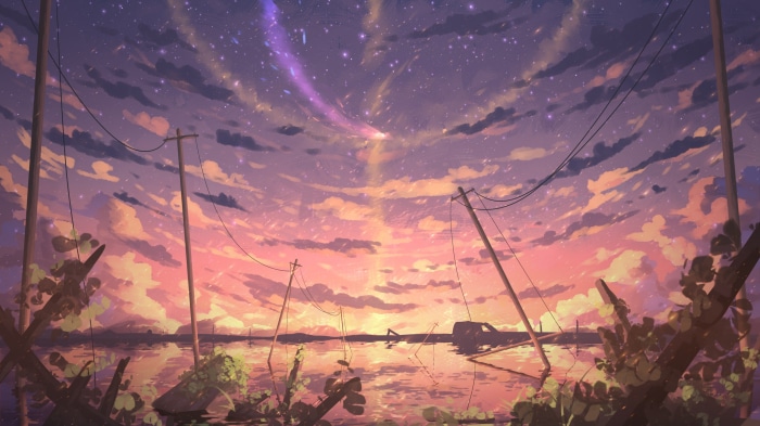 Anime sky with clouds and stars over water