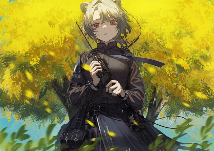 Absinthe from Arknights holding a radio