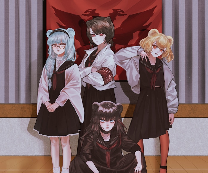 Four girls with bear ears in school uniforms