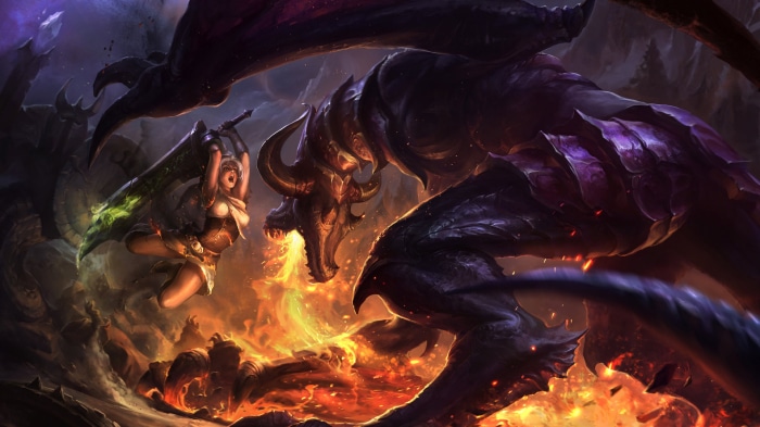 Riven fighting a dragon in League of Legends