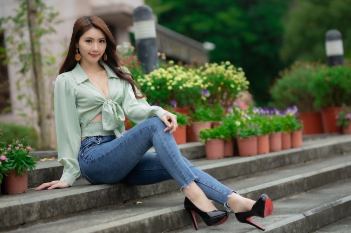 Asian Brunette Woman in Stylish Outfit