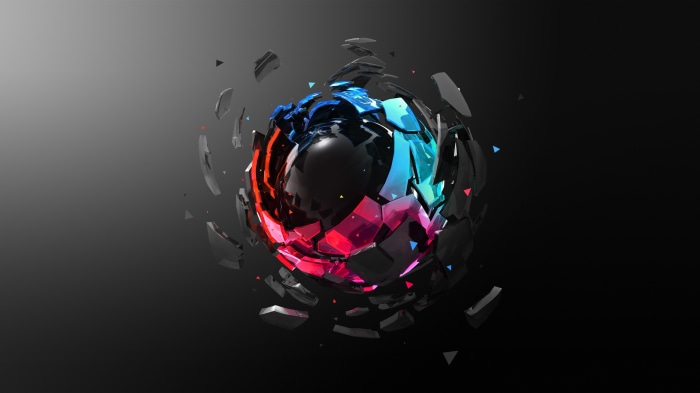 Abstract Exploding Sphere with Red and Blue Geometric Shapes