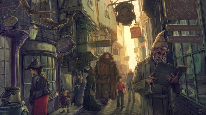 Diagon Alley with Hagrid and Harry Potter