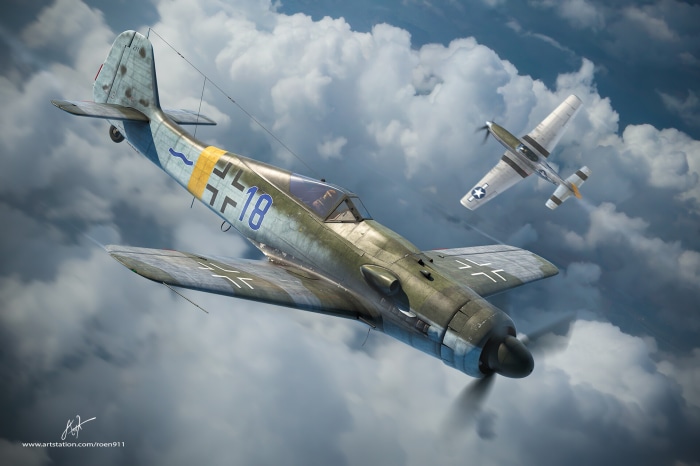 Focke-Wulf Fw 190 and P-51 Mustang in the sky