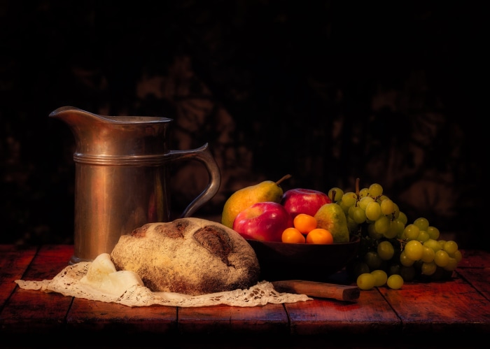 Still life with bread, fruit, and pitcher