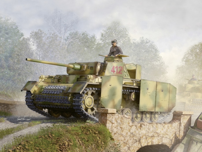 Panzer III tank with crew crossing a bridge