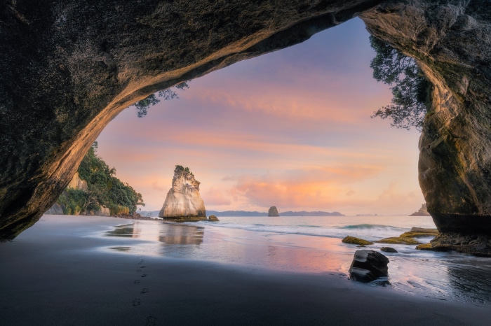 Cathedral Cove beach at sunrise, New Zealand