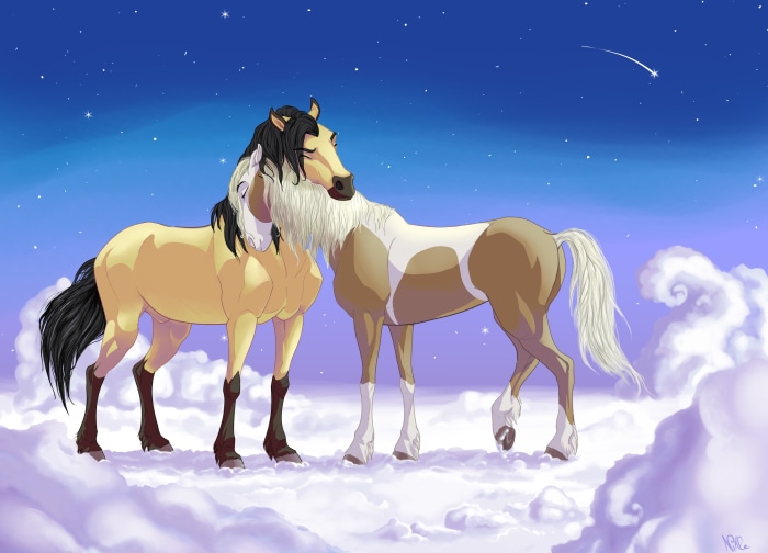 Two horses in clouds under starry sky