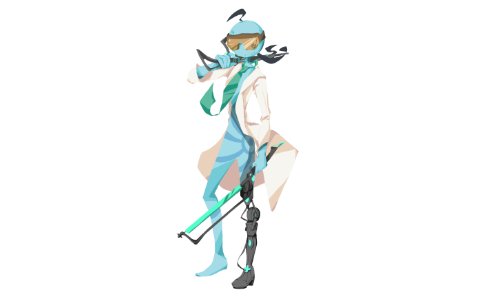 Blue character in lab coat with cybernetic leg and weapon