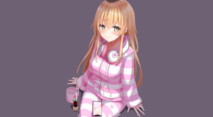 Anime girl with headphones and pajamas