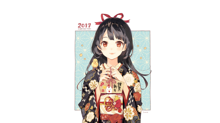 Girl in Kimono with Chick and New Year's Greeting