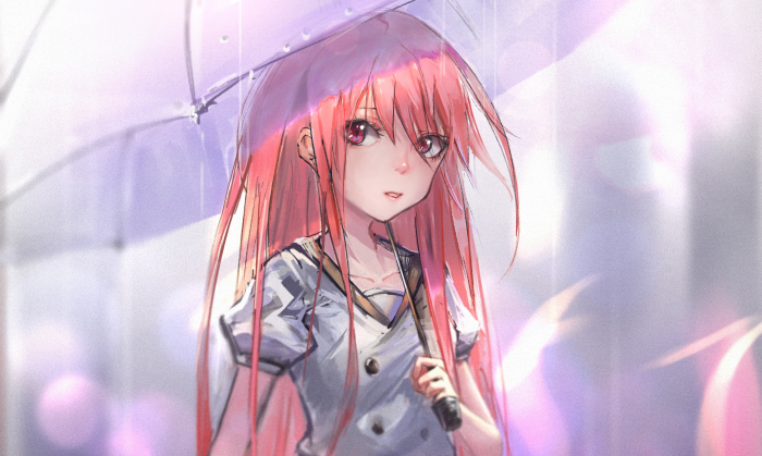 Girl with pink hair holding an umbrella in the rain