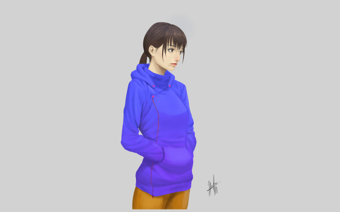 Girl in blue hoodie and orange pants