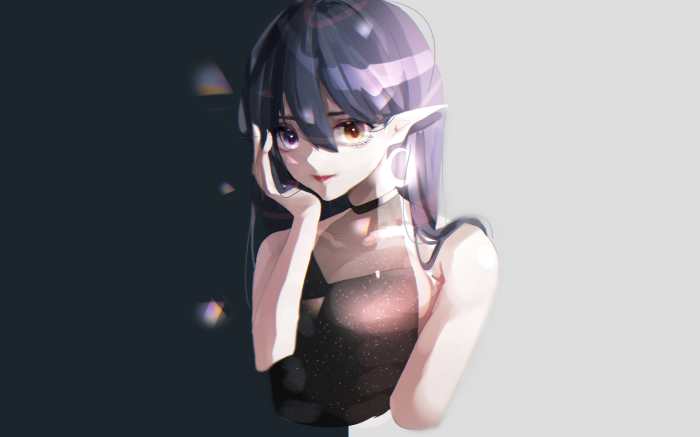 Elf girl with dark hair and heterochromia