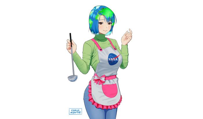 Earth-chan wearing NASA apron holding ladle