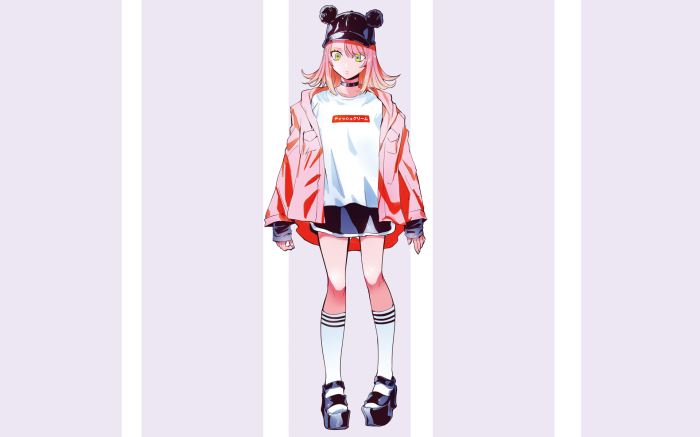 Anime girl with pink hair and black bear hat