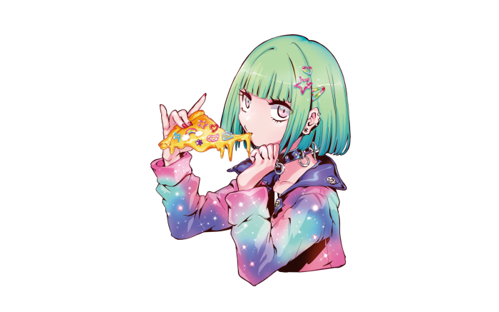 Girl eating pizza with galaxy jacket