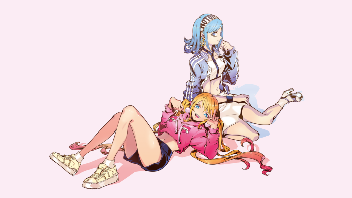 Two anime girls posing on a pink background