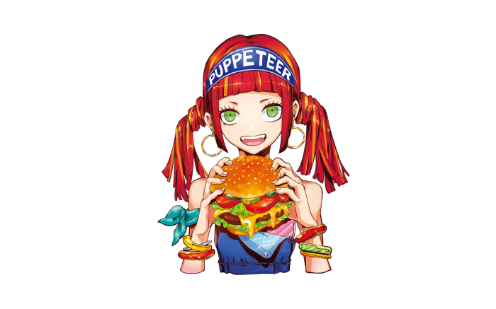 Girl with red pigtails eating a burger