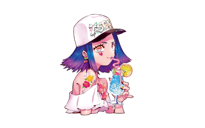 Girl with blue hair and tattoos drinking a cocktail
