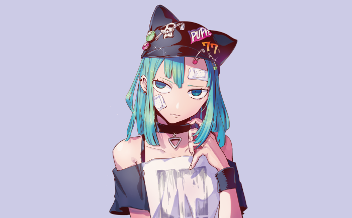 Girl with blue hair wearing a hat