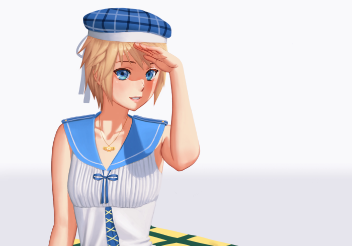 Anime girl in sailor outfit and hat saluting