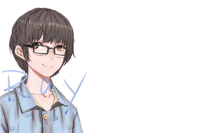 Boy with glasses and fish pattern shirt