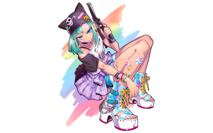 Girl with gun and rainbow background