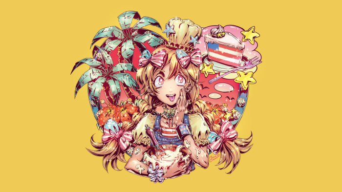 Anime girl making a cake with palm trees and cake