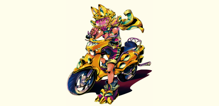 Girl on a golden scooter with a cape