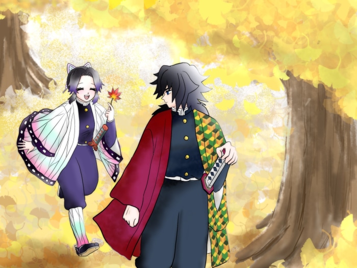 Giyuu Tomioka and Shinobu Kochou from Demon Slayer in autumn