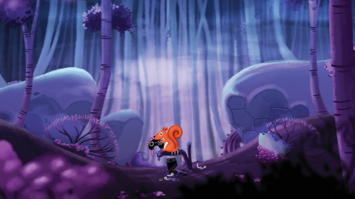 Squirrel holding a video game controller in a purple forest
