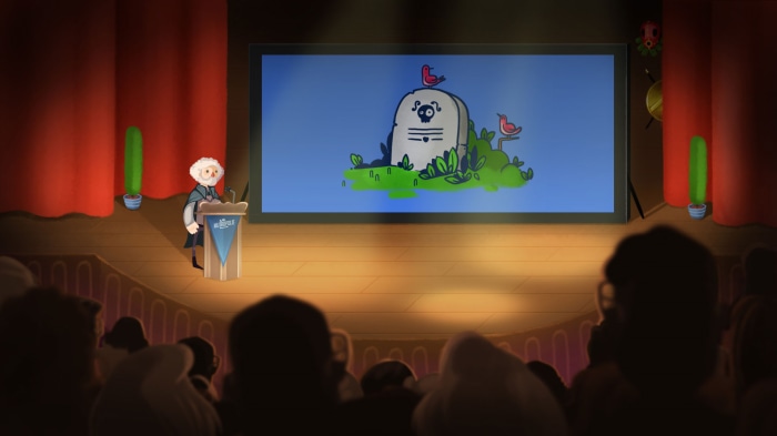 Man presenting a tombstone with a skull on a screen