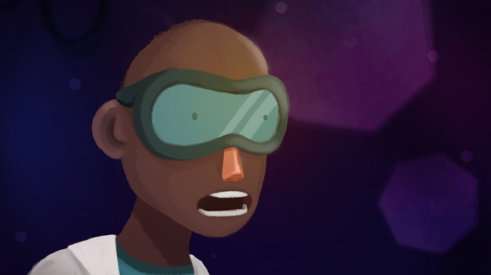 A bald person wearing goggles in a dark, purple environment