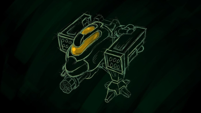 Sketch of a futuristic mech with weapons