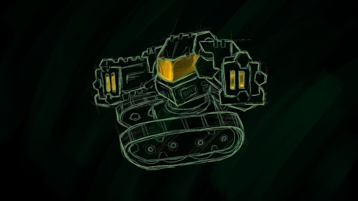 Sketch of a mech with tank treads and cannons