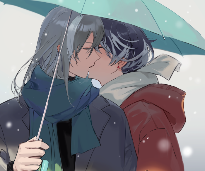 Momo and Yuki from IDOLiSH7 sharing a kiss under an umbrella in the snow