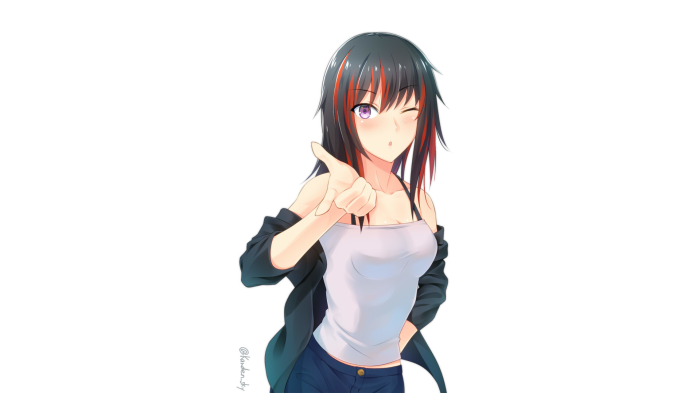 Anime girl with black and red hair winking