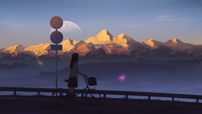 Girl with bicycle watching meteor shower over mountains 4K