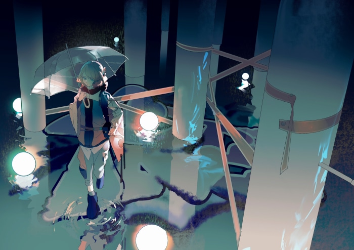Girl with umbrella in a surreal, watery environment